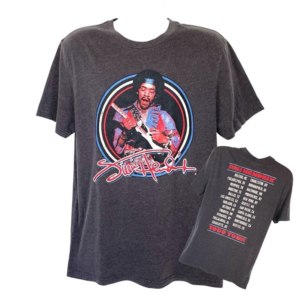 Jimi‎ Hendrix 1969 Tour Dates Band Tee Gray Vintage Wash Graphic Shirt Mens M